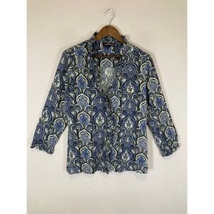 Boho Liza Byrd Women Large Blue Paisley Ruffle V-Neck Button Front Rayon Blouse
